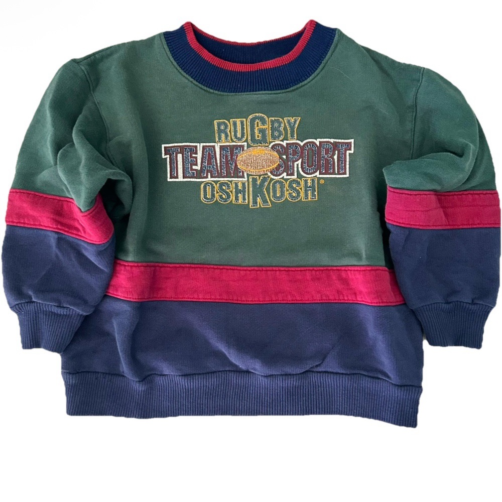 Vintage OshKosh B'gosh Kids Rugby Sweatshirt Sweater Green Red Blue 100% Cotton